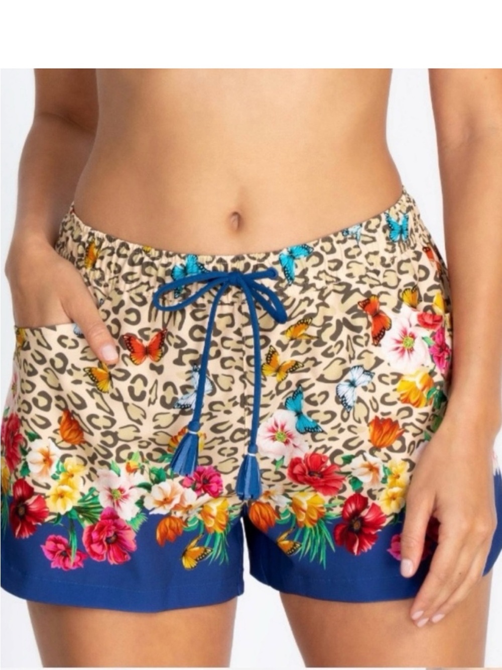 Johnny Was Beige Leopard Floral Athletic Shorts with Blue Trim